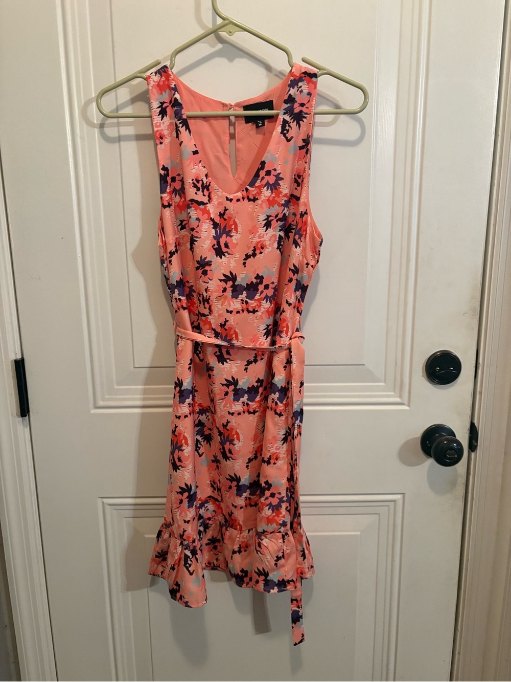 Sleeveless Coral Floral Midi Dress with Waist Tie